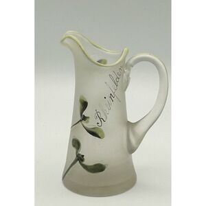 Antique Frosted Glass Pitcher Hand Painted Mistletoe Rheinfelden Souvenir 4.5"